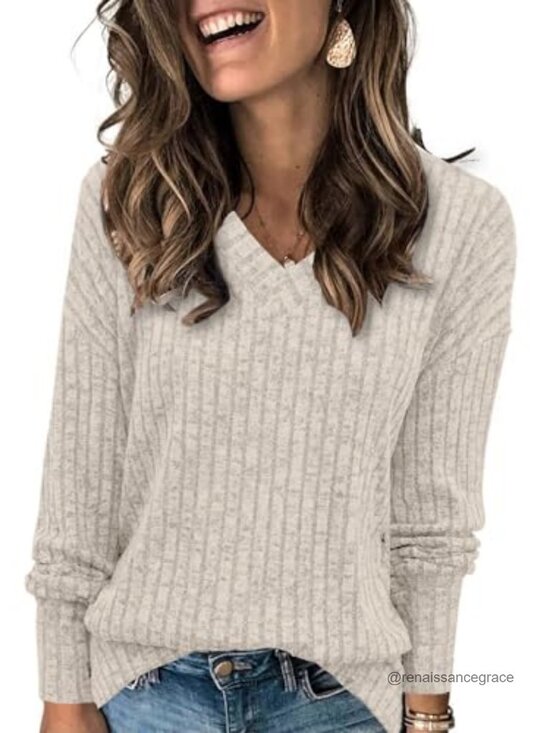 Sweaters - Womens V Neck Long Sleeve Tunic Sweater Loose Casual Pullover